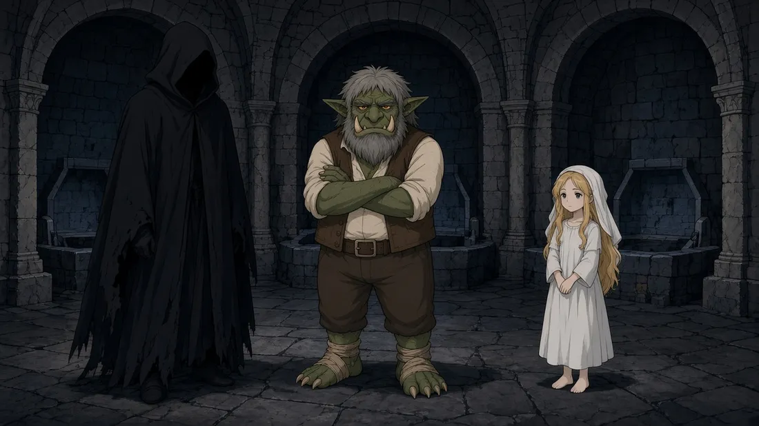 Chapter 2 panel: a hooded figure, a grey-bearded orc and a small girl in a stone vault